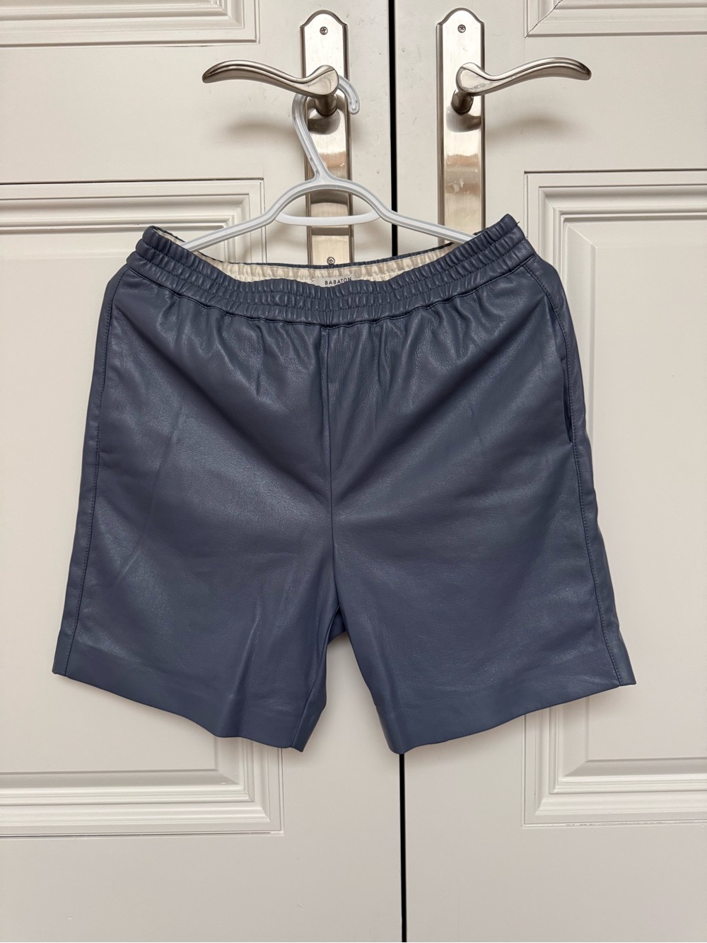 Babaton Elastic Waist vegan Leather burmuda Shorts - Slate Blue